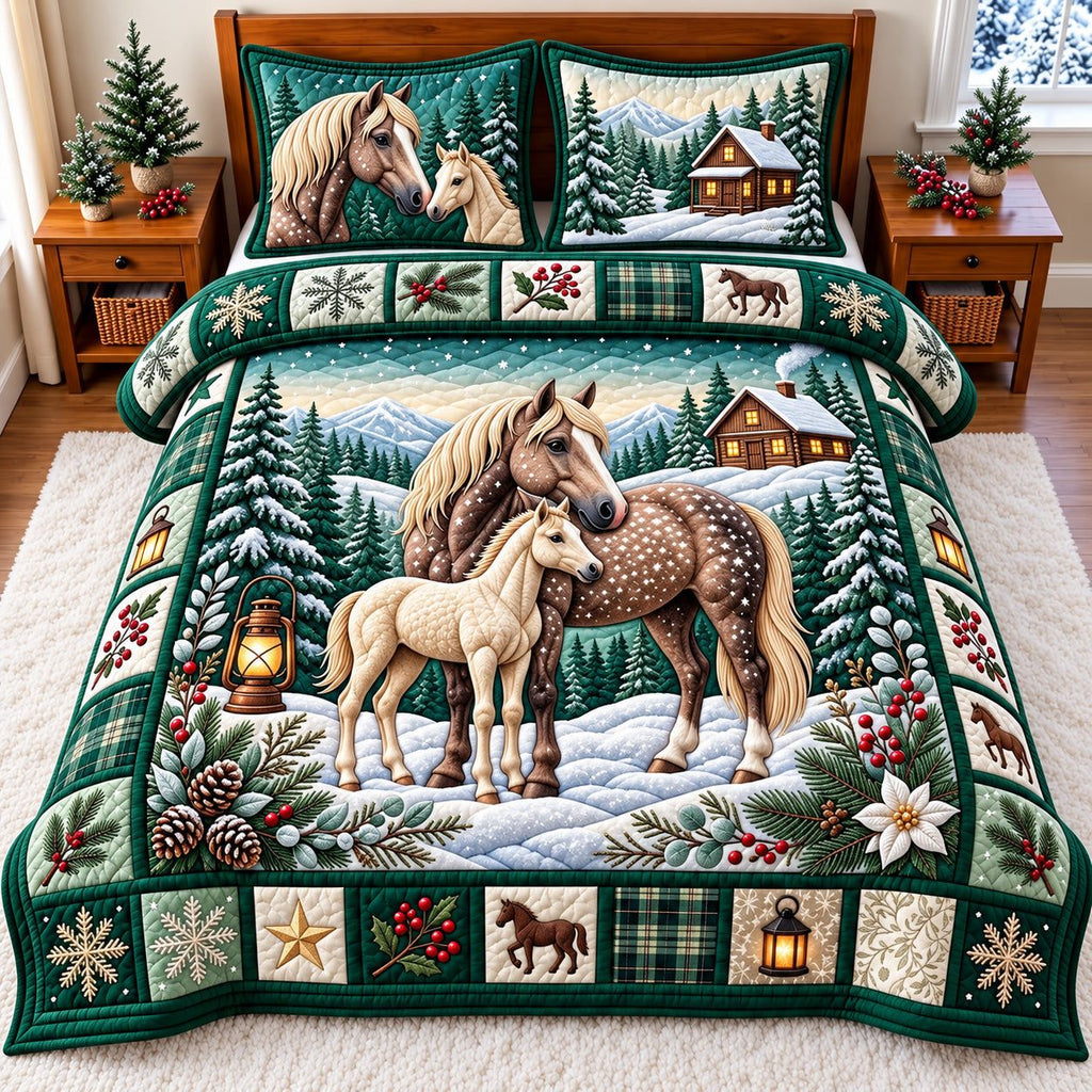 Evergreen Snowy Horse quilted 3-piece bedding set on a made bed in a winter-styled bedroom