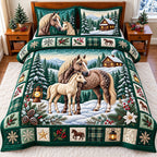 Evergreen Snowy Horse quilted 3-piece bedding set on a made bed in a winter-styled bedroom