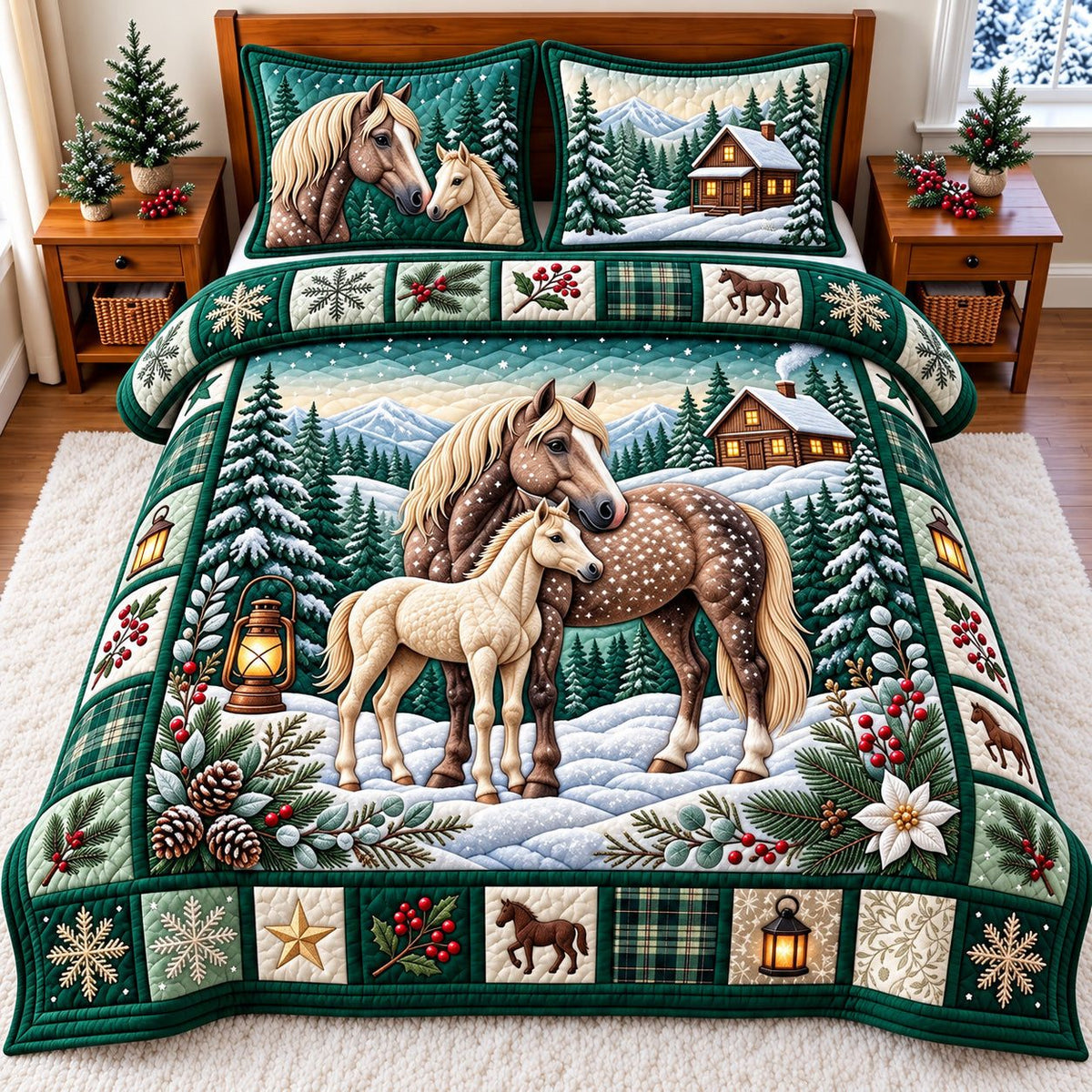 Evergreen Snowy Horse quilted 3-piece bedding set on a made bed in a winter-styled bedroom