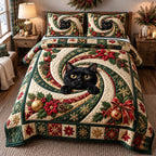 Evergreen Swirl Black Cat quilted 3-piece bedding set on a made bed in a winter-styled bedroom