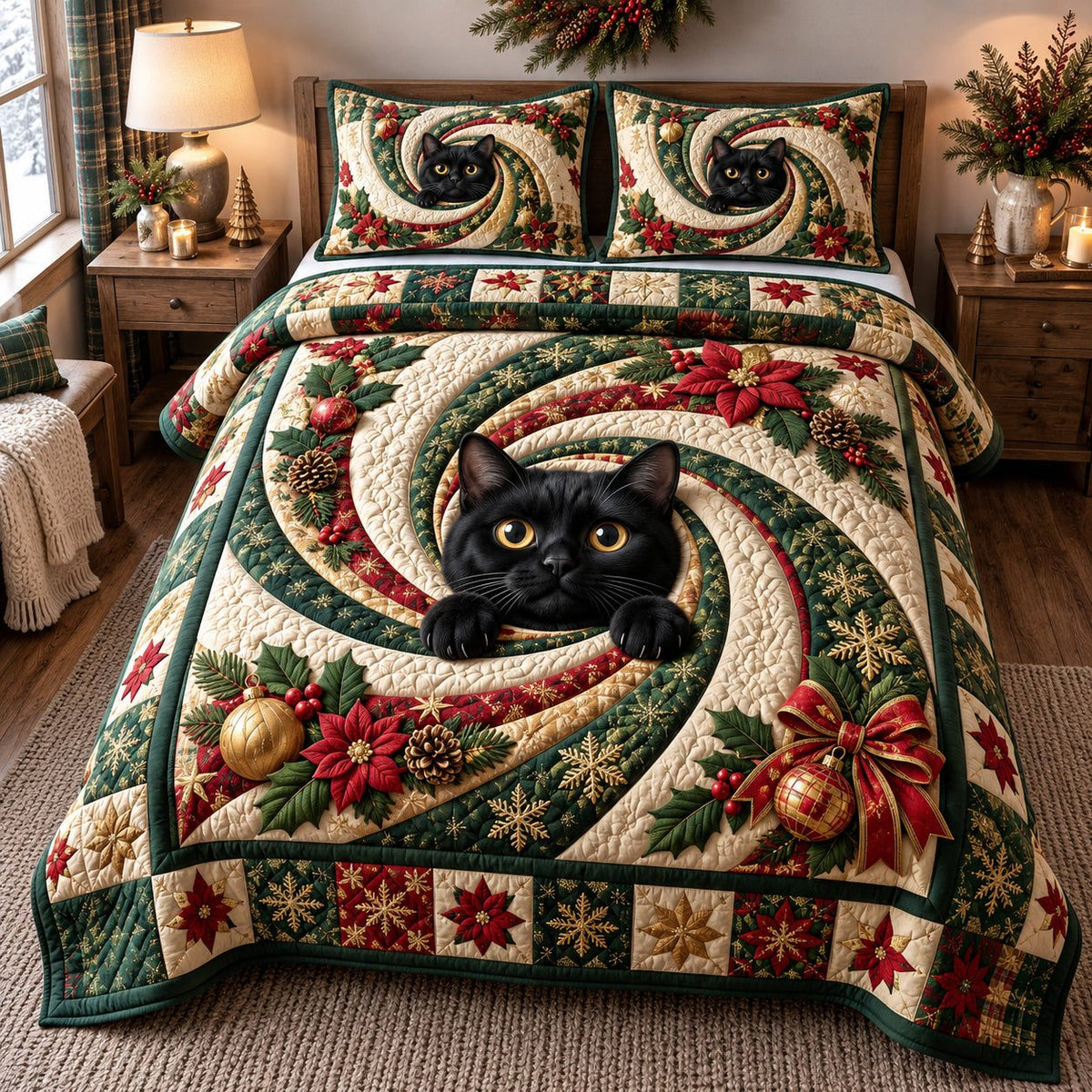 Evergreen Swirl Black Cat quilted 3-piece bedding set on a made bed in a winter-styled bedroom