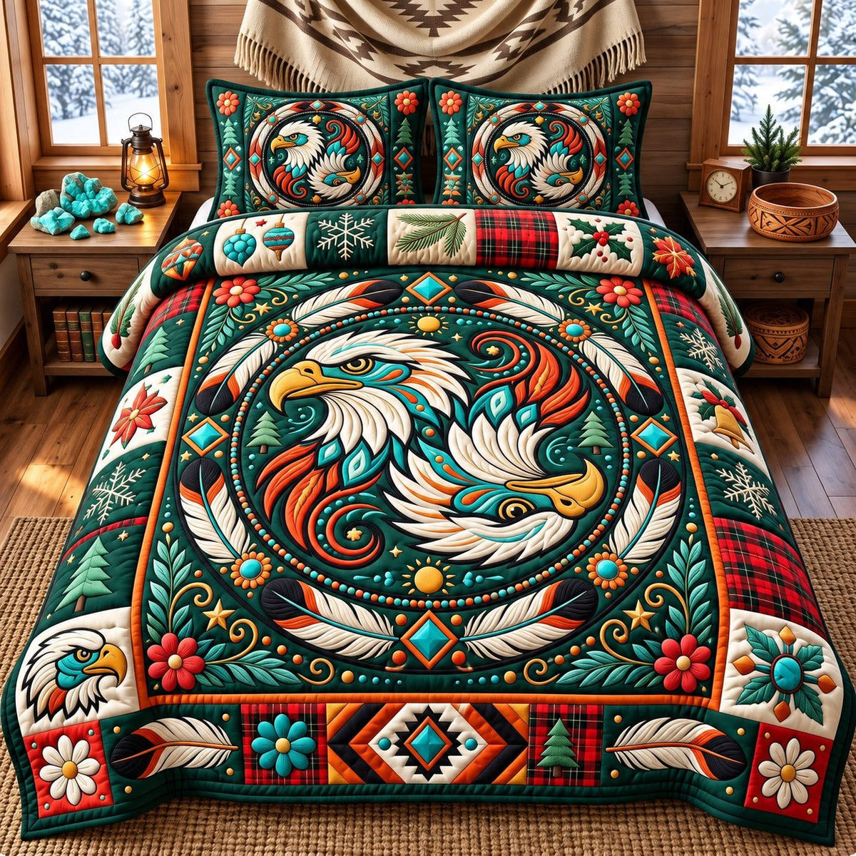 Evergreen Swirl Eagle Spirit quilted 3-piece bedding set on a made bed in a winter-styled bedroom