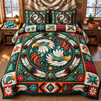 Evergreen Swirl Eagle Spirit quilted 3-piece bedding set on a made bed in a winter-styled bedroom
