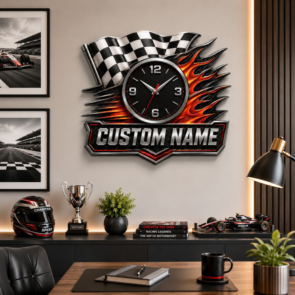 Checkered flag Custom Name Wall Clock — personalized with a custom name