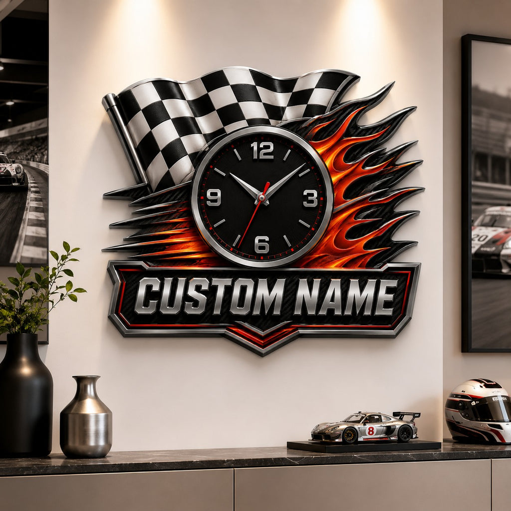 Checkered flag Custom Name Wall Clock — personalized with a custom name