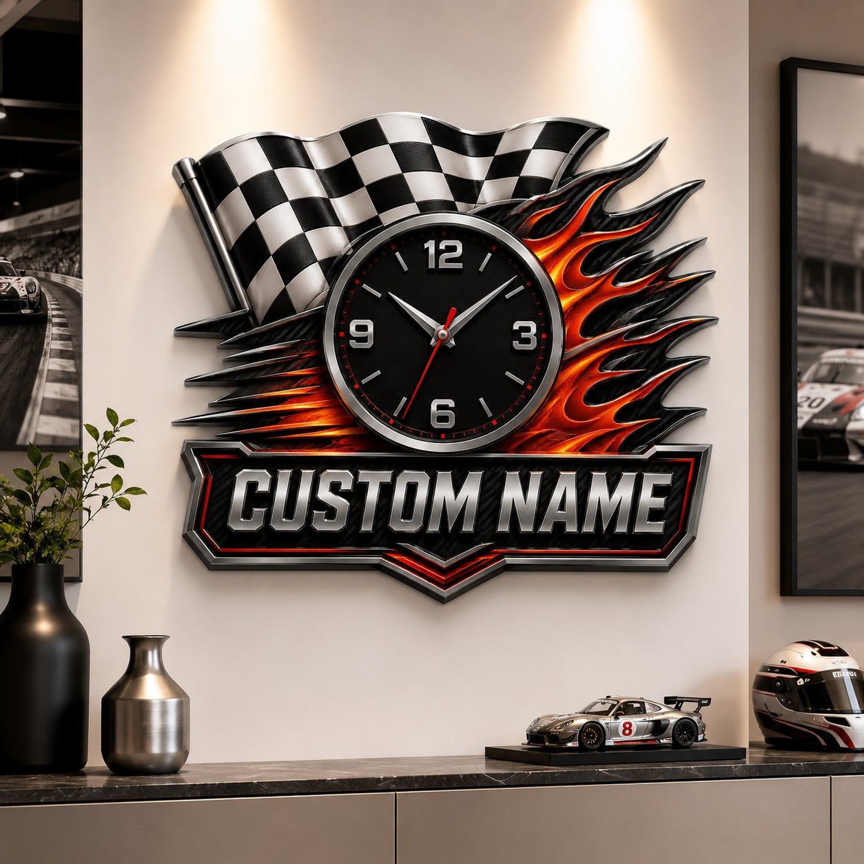 Checkered flag Custom Name Wall Clock — personalized with a custom name