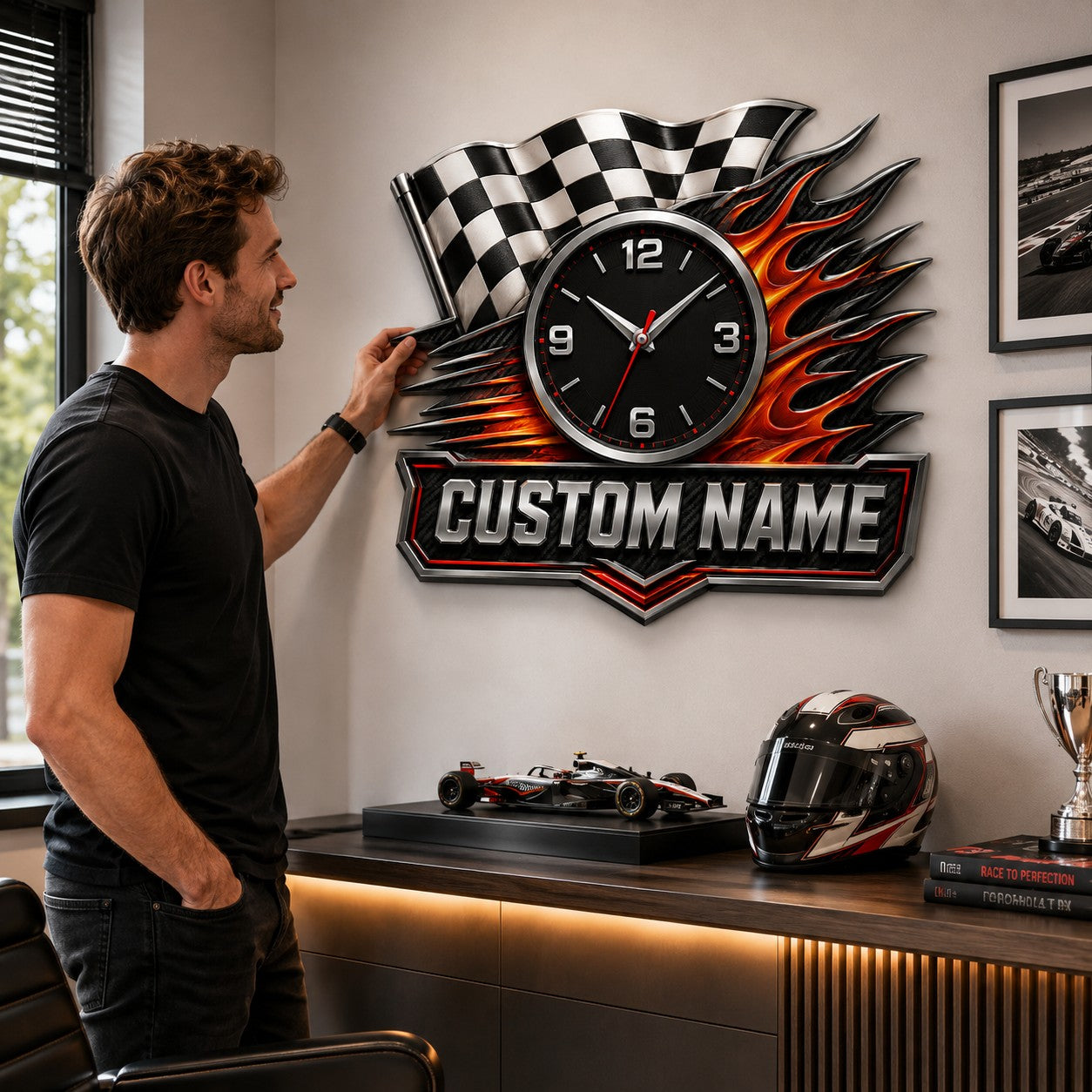Checkered flag Custom Name Wall Clock — personalized with a custom name