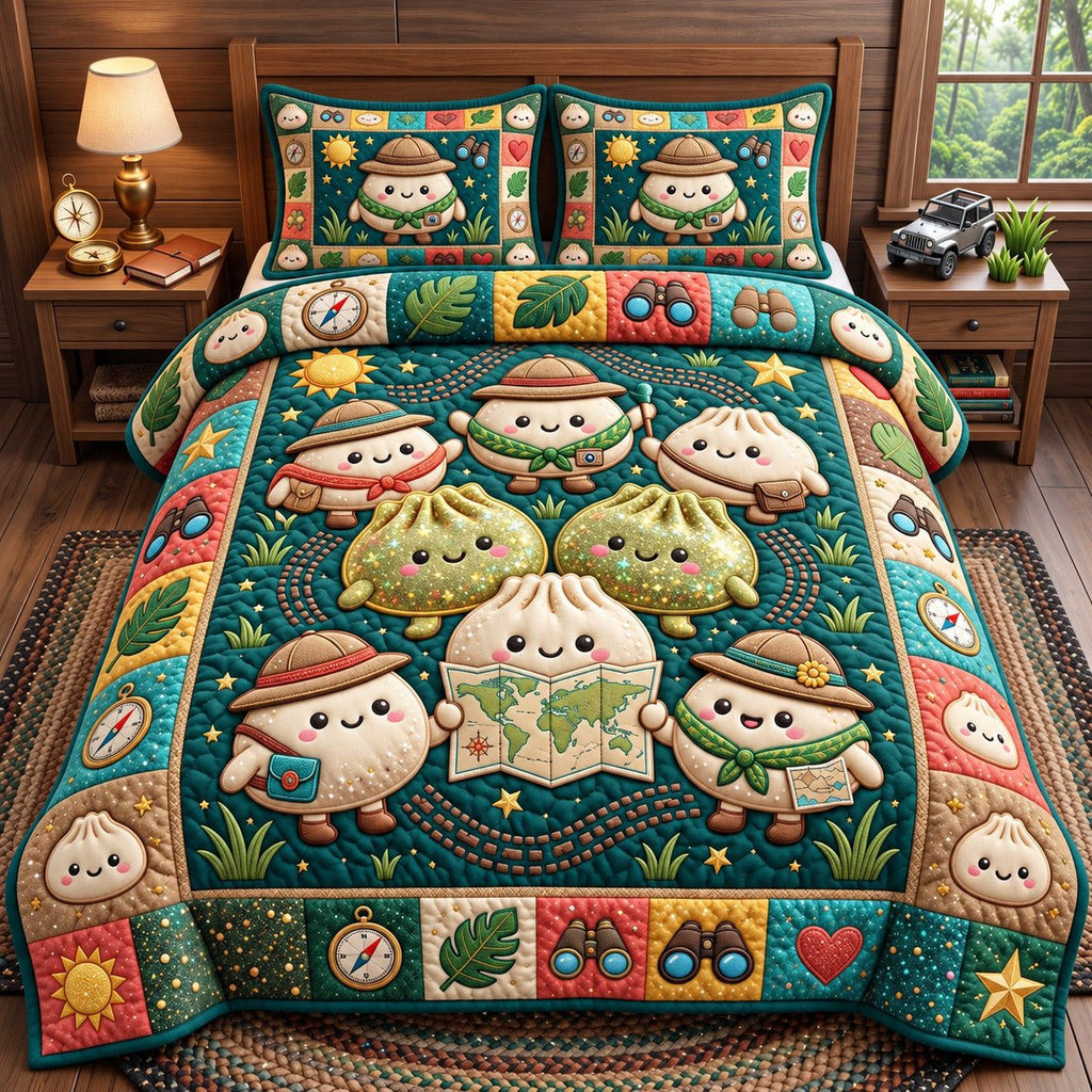 Explorer Map Dumplings quilted 3-piece bedding set on a made bed with two matching pillow shams