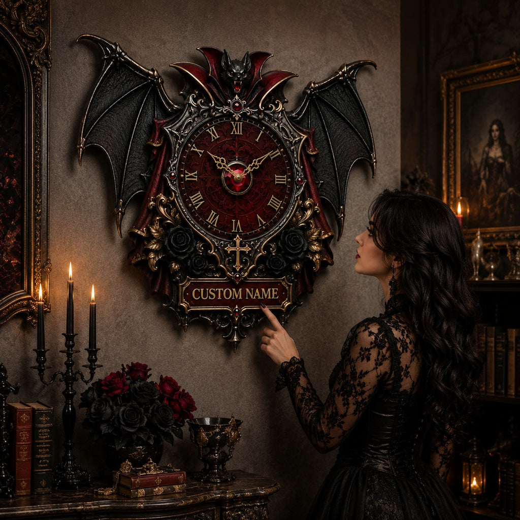 Gothic bat Custom Name Wall Clock — personalized with a custom name