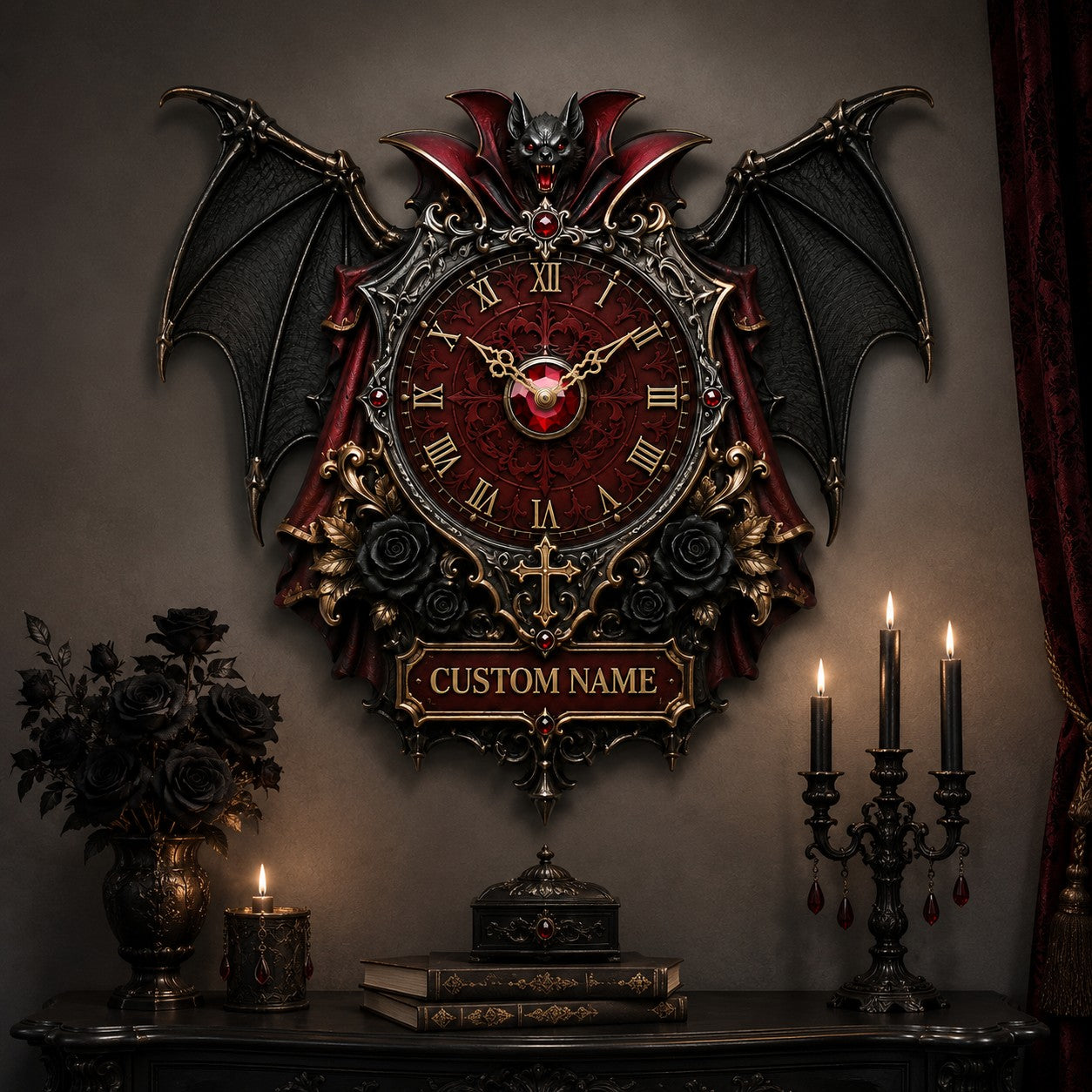 Gothic bat Custom Name Wall Clock — personalized with a custom name