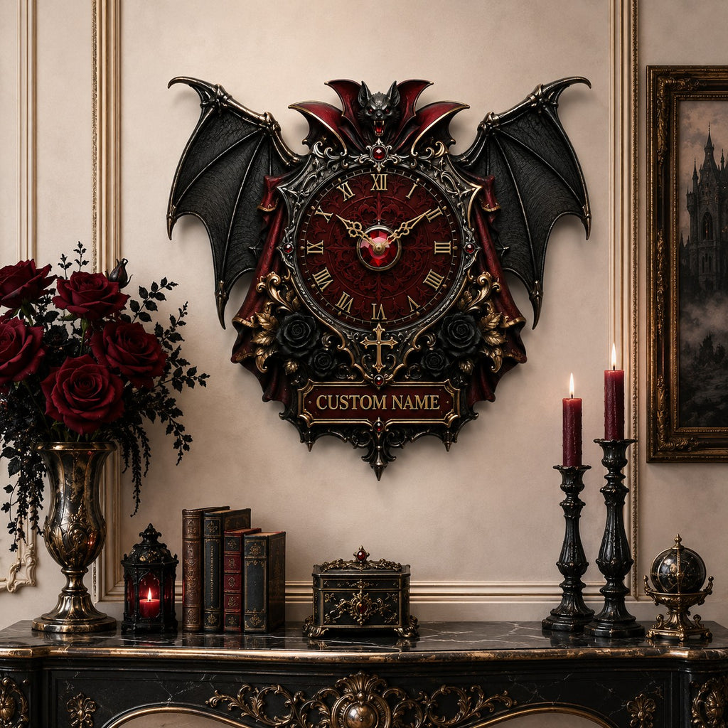 Gothic bat Custom Name Wall Clock — personalized with a custom name