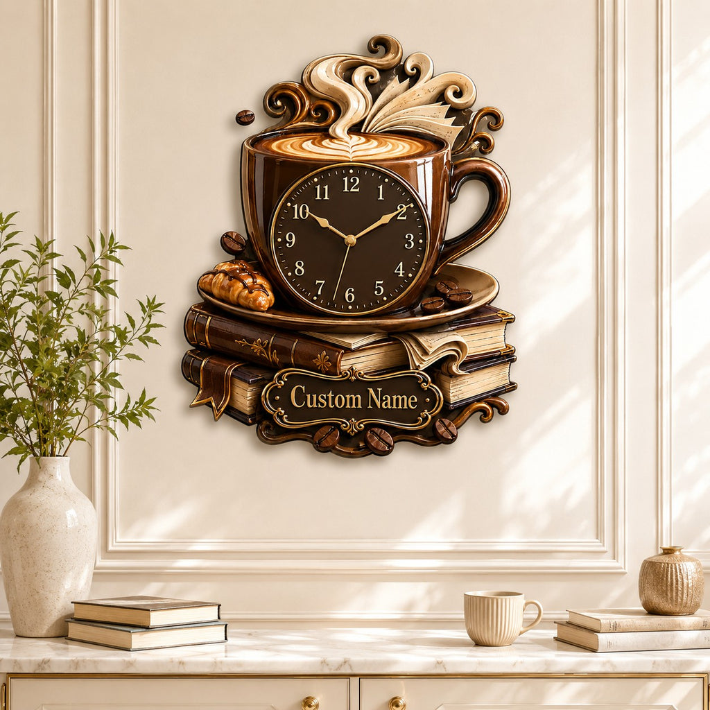 Personalized Coffee and Book Lover Wall Clock — personalized with a custom name