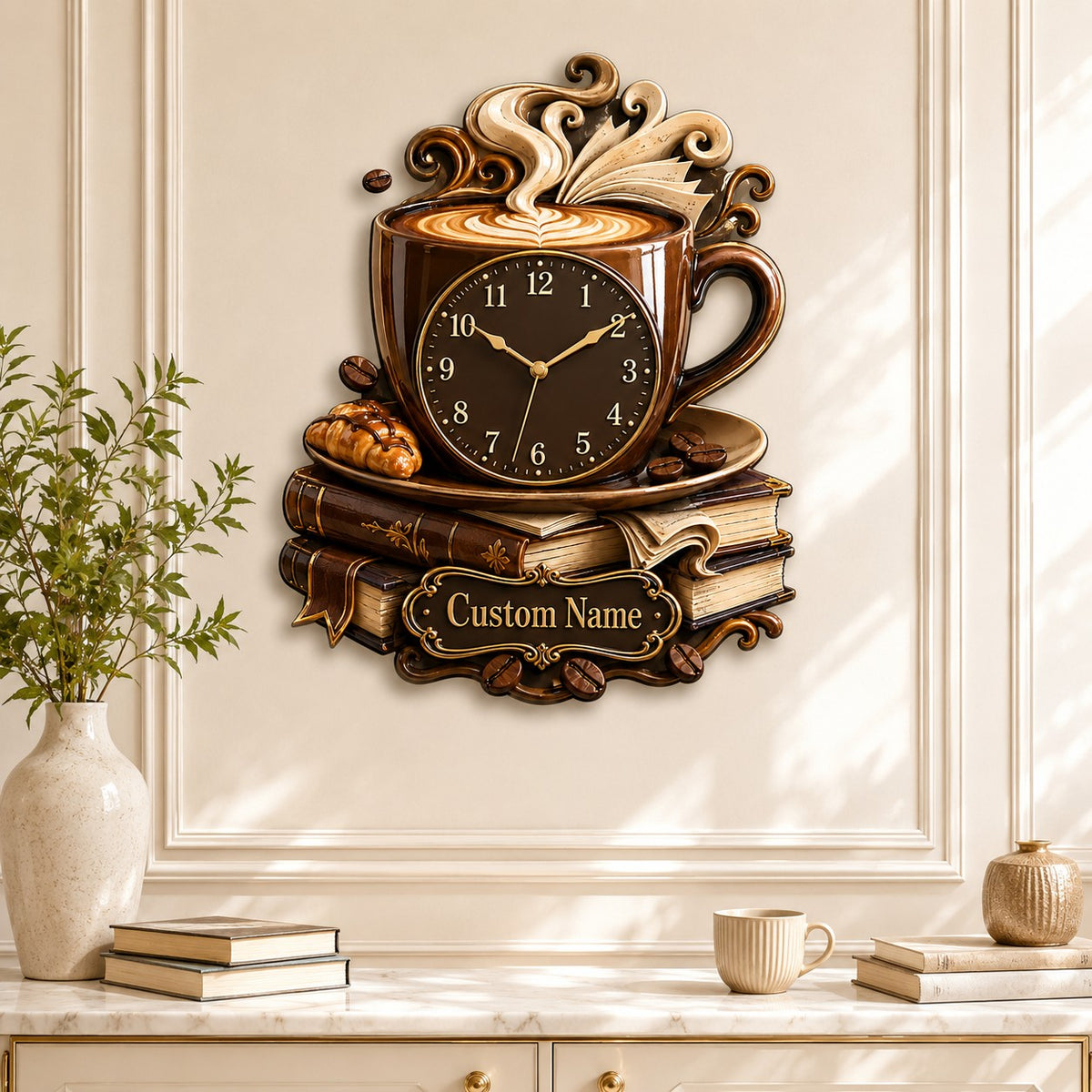 Personalized Coffee and Book Lover Wall Clock — personalized with a custom name