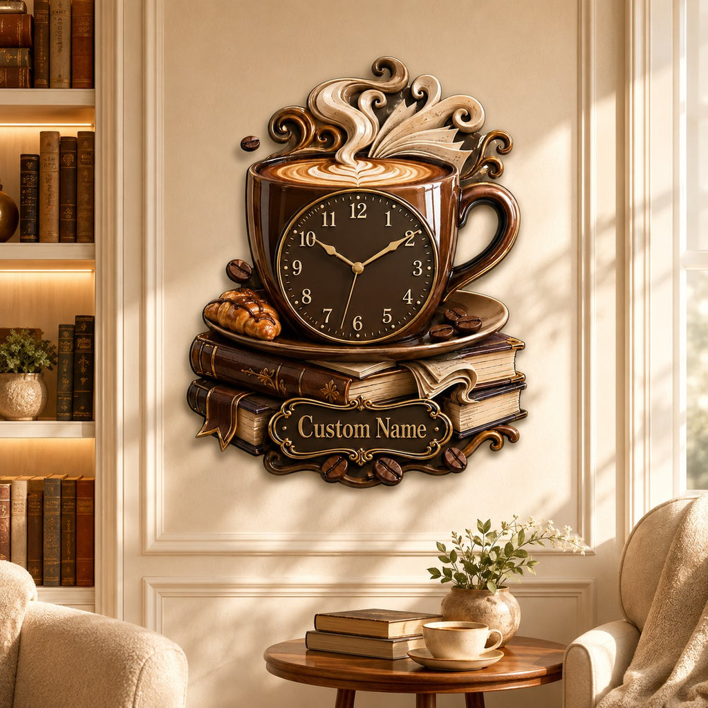 Personalized Coffee and Book Lover Wall Clock — personalized with a custom name