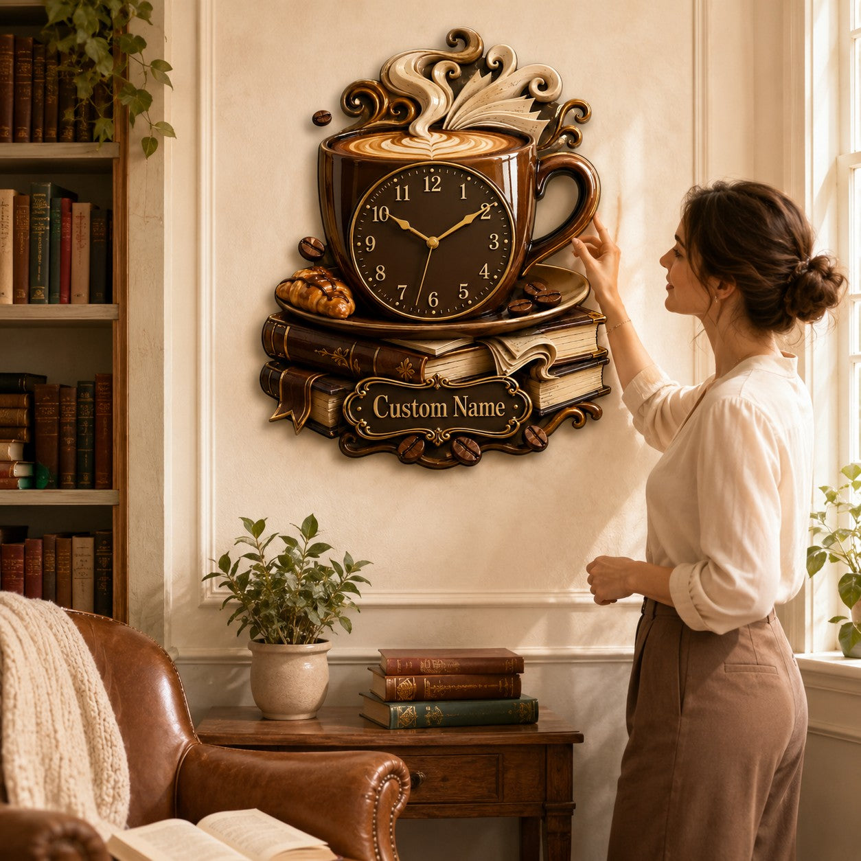 Personalized Coffee and Book Lover Wall Clock — personalized with a custom name