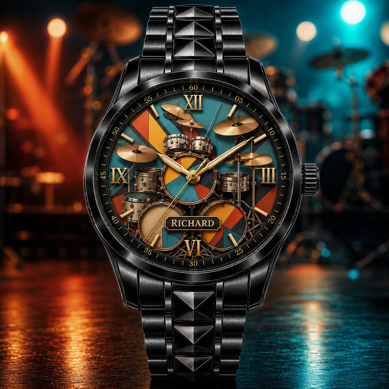 Custom Drum Kit Musician Watch — personalized with a custom name