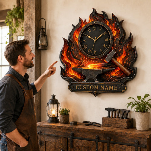 Blacksmith flame Custom Name Wall Clock — personalized with a custom name
