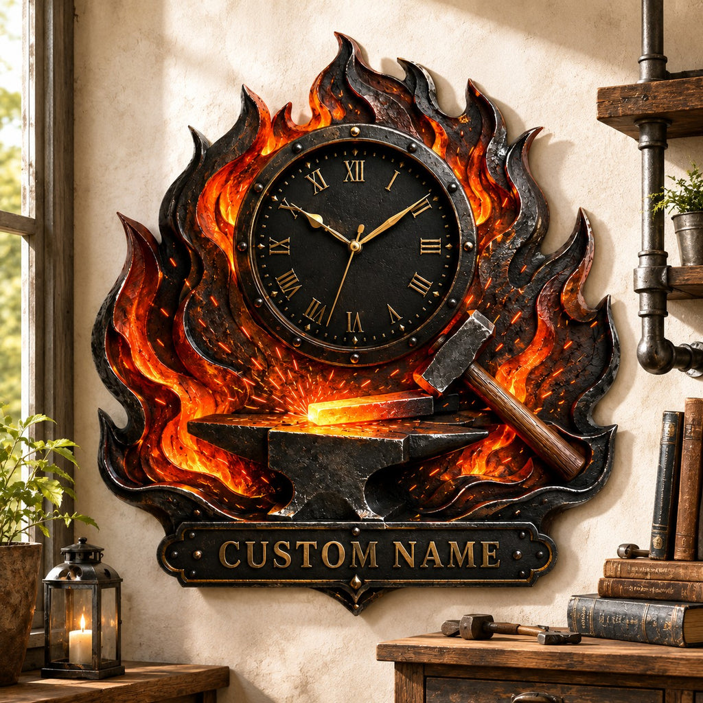 Blacksmith flame Custom Name Wall Clock — personalized with a custom name