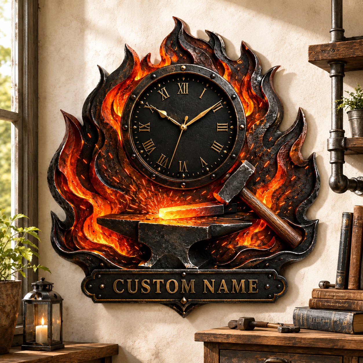 Blacksmith flame Custom Name Wall Clock — personalized with a custom name