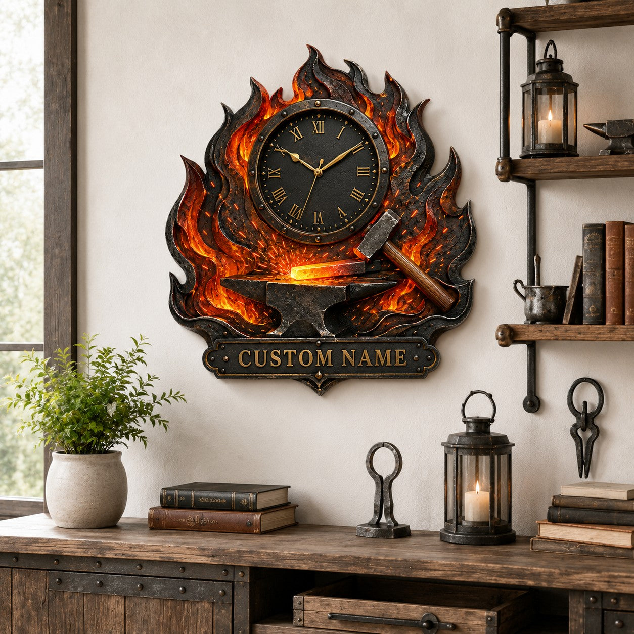 Blacksmith flame Custom Name Wall Clock — personalized with a custom name
