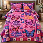Faith And Butterflies quilted 3-piece bedding set on a made bed in a softly lit bedroom