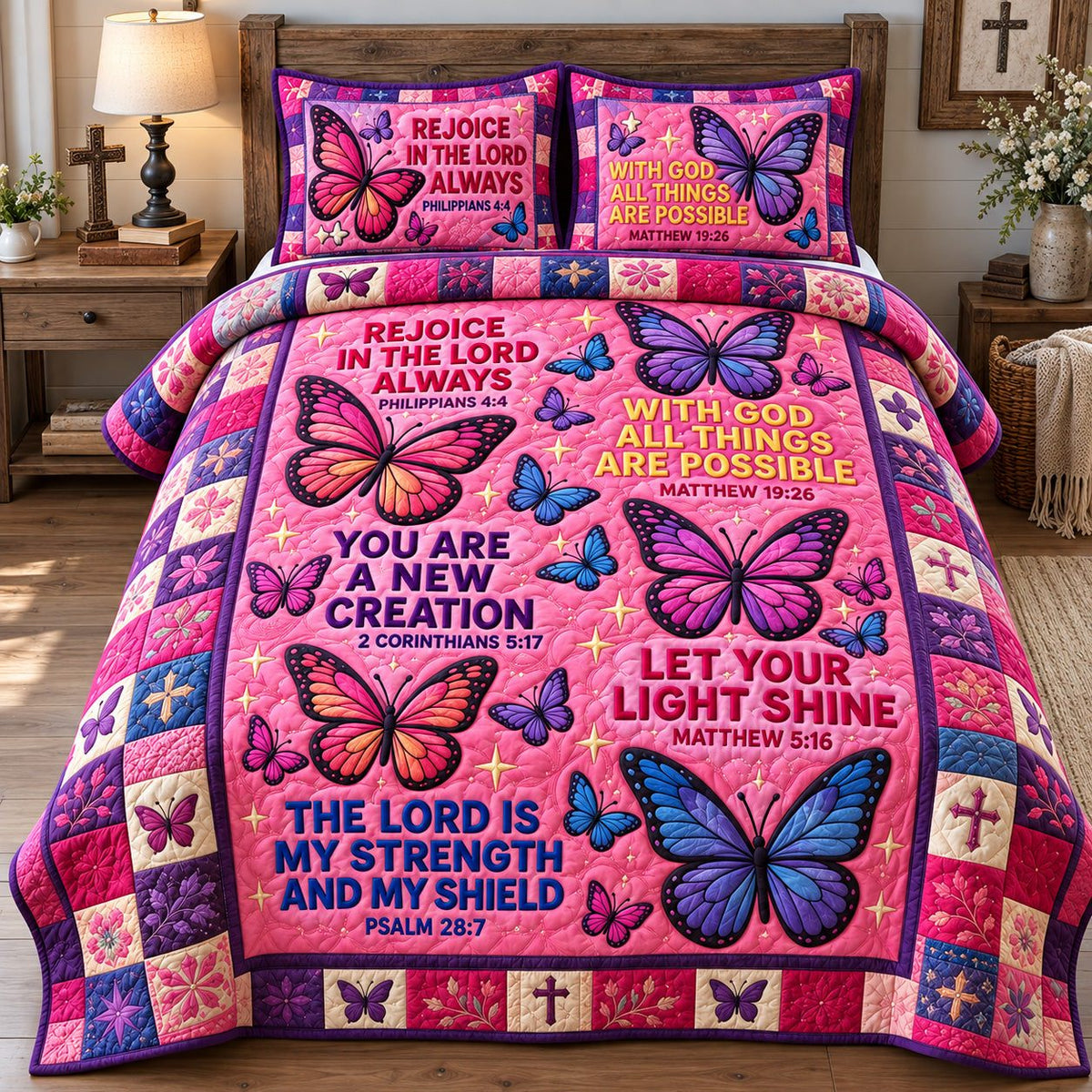 Faith And Butterflies quilted 3-piece bedding set on a made bed in a softly lit bedroom
