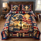 Faith And Freedom quilted 3-piece bedding set on a made bed in a warmly lit bedroom