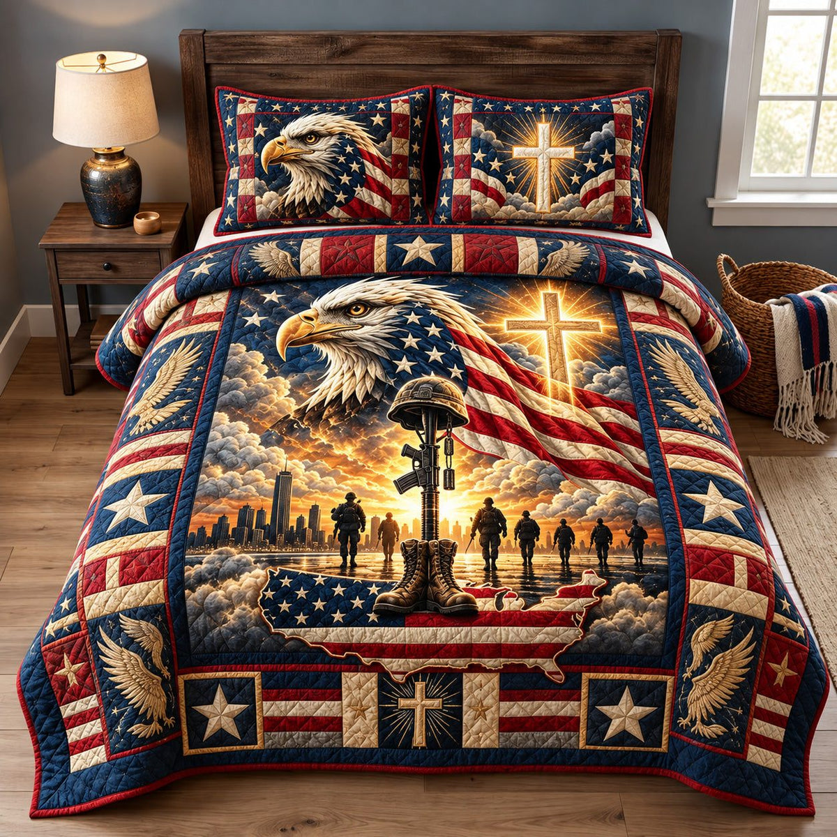 Faith And Freedom quilted 3-piece bedding set on a made bed in a warmly lit bedroom