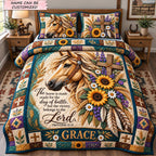 Faith And Sunflower Horse 3-Piece Quilted Bedding Set QTCUZ quilted 3-piece bedding set on a made bed in a softly lit bedroom