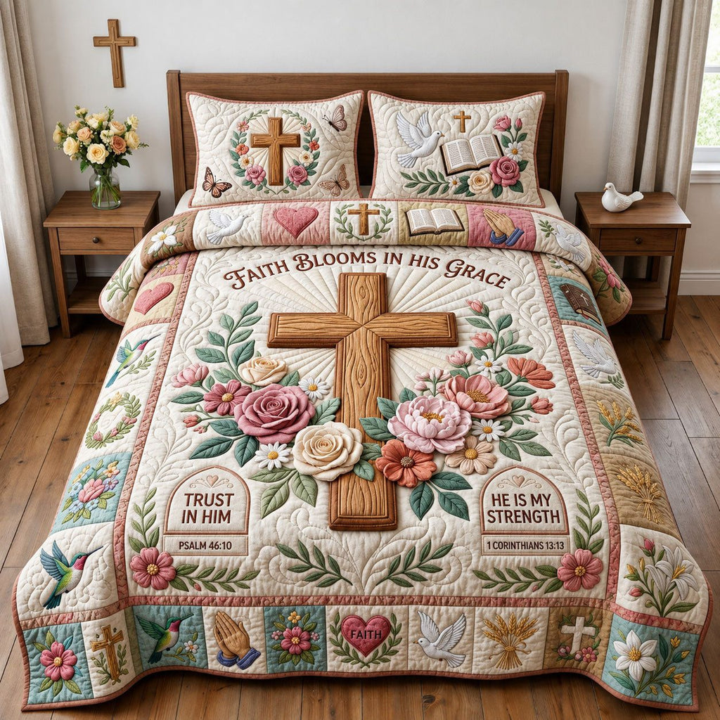 Faith Blooms In His Grace quilted 3-piece bedding set on a made bed in a softly lit bedroom
