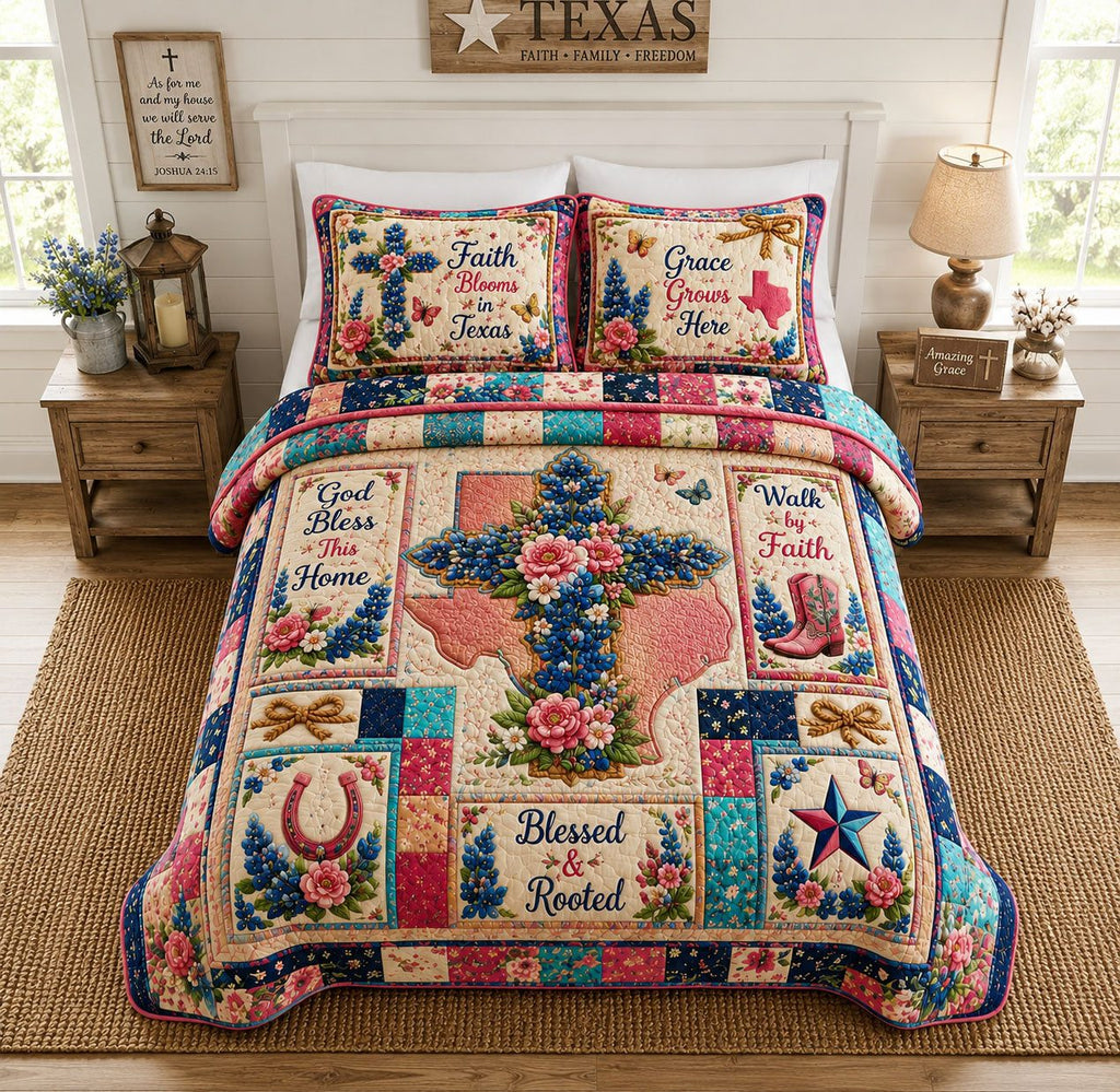 Faith Blooms In Texas Patchwork quilted 3-piece bedding set on a made bed in a softly lit bedroom