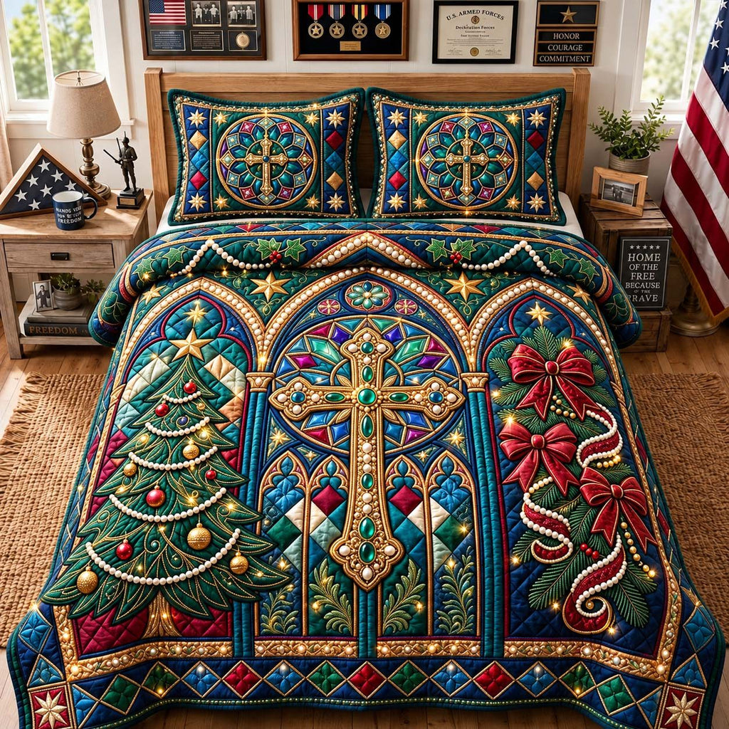 Faith Cathedral Christmas quilted 3-piece bedding set on a made bed in a winter-styled bedroom