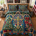 Faith Cathedral Christmas quilted 3-piece bedding set on a made bed in a winter-styled bedroom