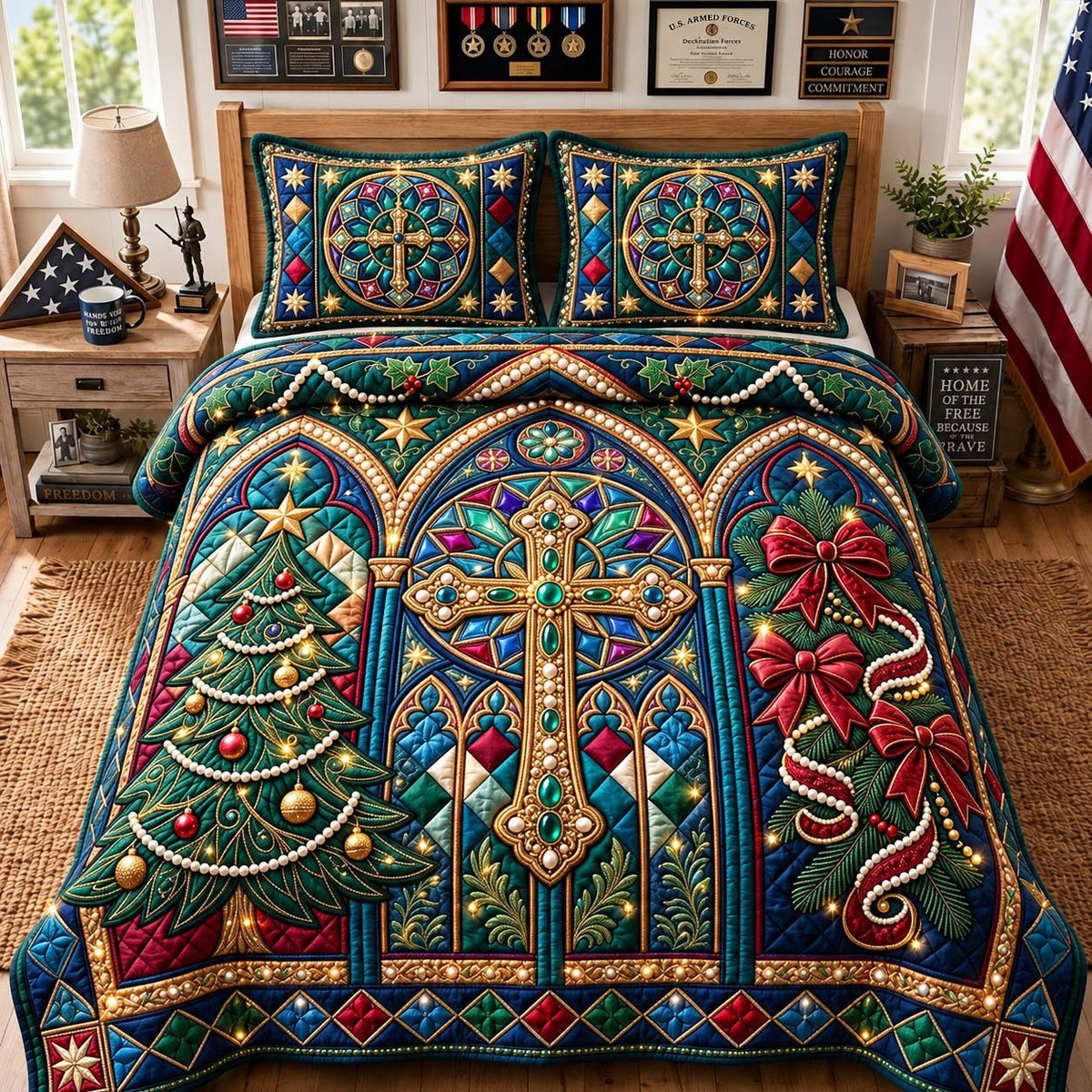 Faith Cathedral Christmas quilted 3-piece bedding set on a made bed in a winter-styled bedroom