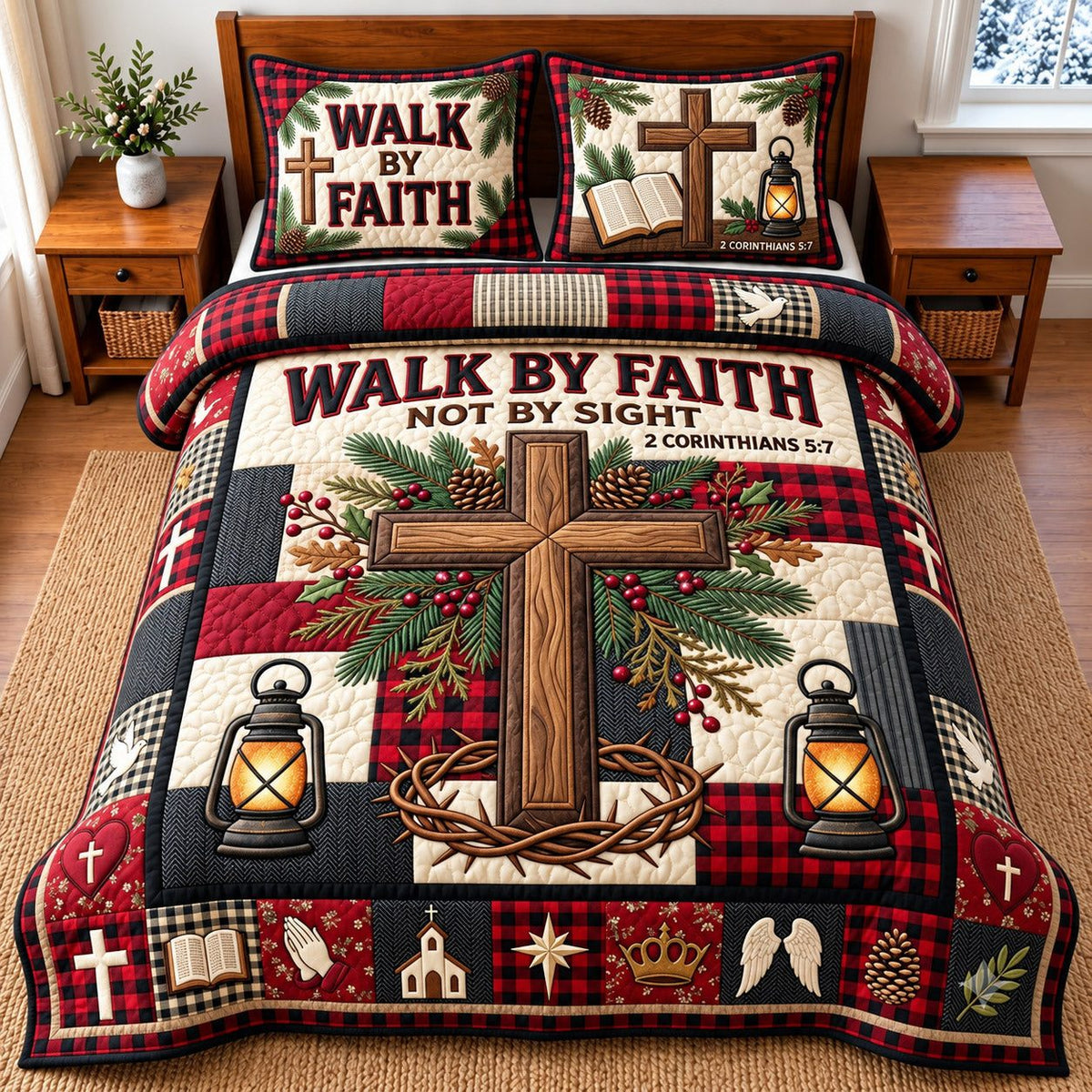 Faith Cross quilted 3-piece bedding set on a made bed in a softly lit bedroom