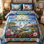 Faith Hope And Love quilted 3-piece bedding set on a made bed in a softly lit bedroom