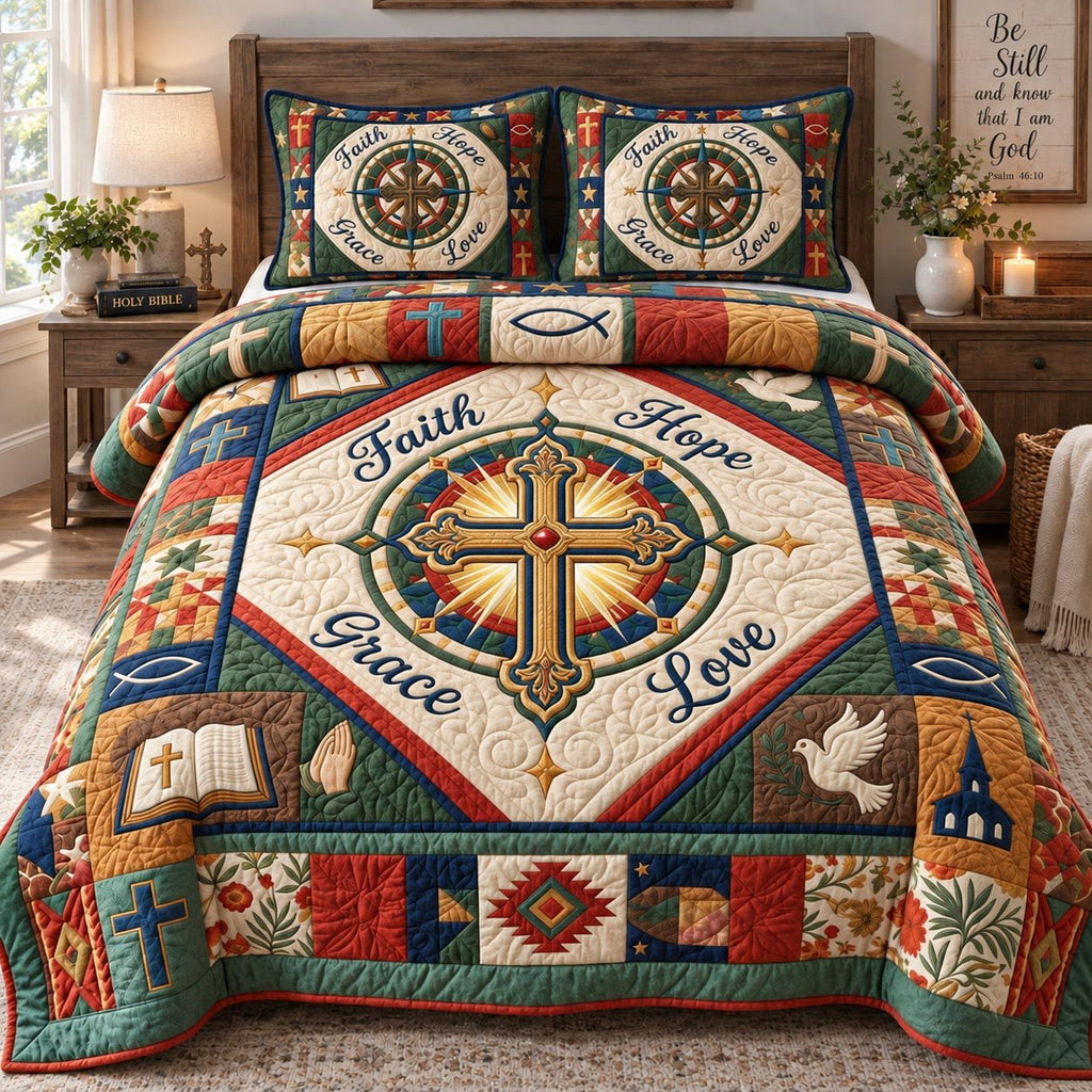 Faith Hope Grace Love quilted 3-piece bedding set on a made bed in a softly lit bedroom