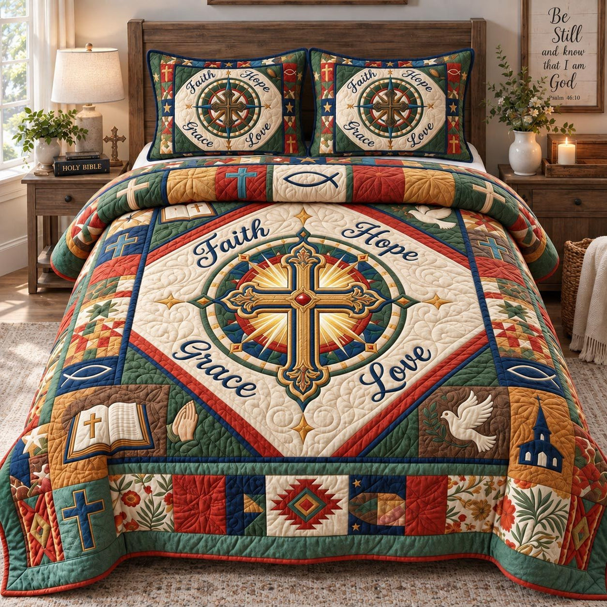 Faith Hope Grace Love quilted 3-piece bedding set on a made bed in a softly lit bedroom