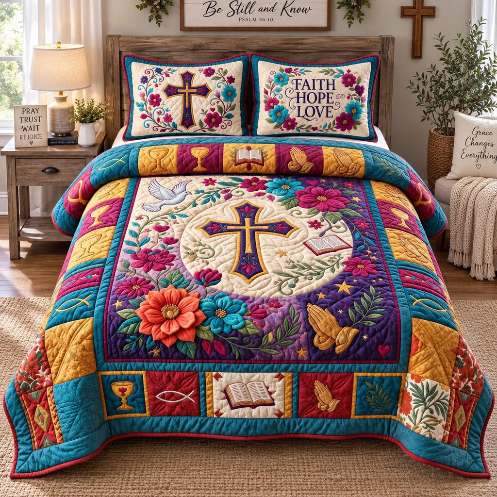 Faith Hope Love Flowers quilted 3-piece bedding set on a made bed in a softly lit bedroom