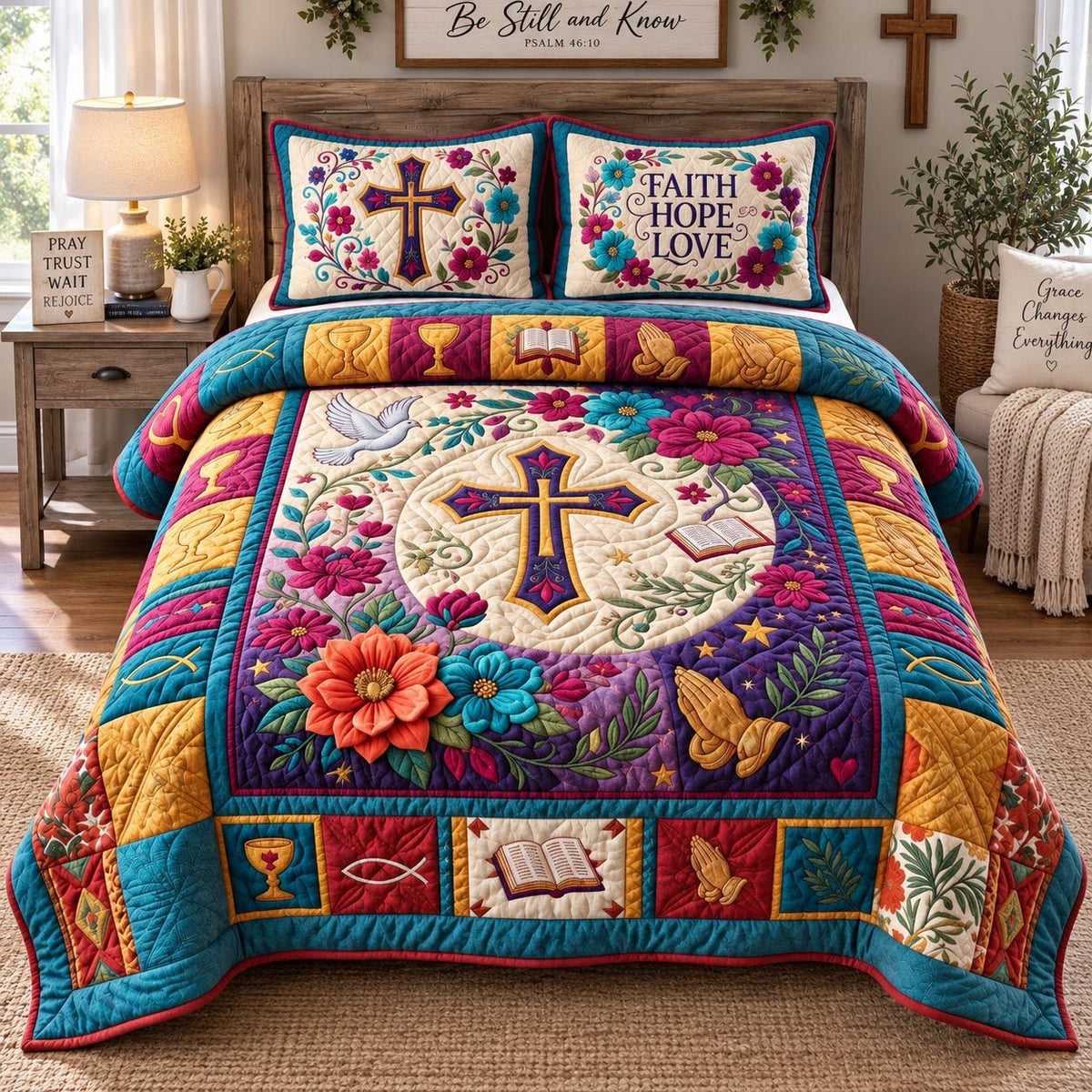 Faith Hope Love Flowers quilted 3-piece bedding set on a made bed in a softly lit bedroom