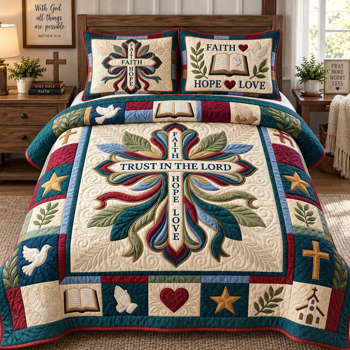 Faith Hope Love quilted 3-piece bedding set on a made bed in a softly lit bedroom