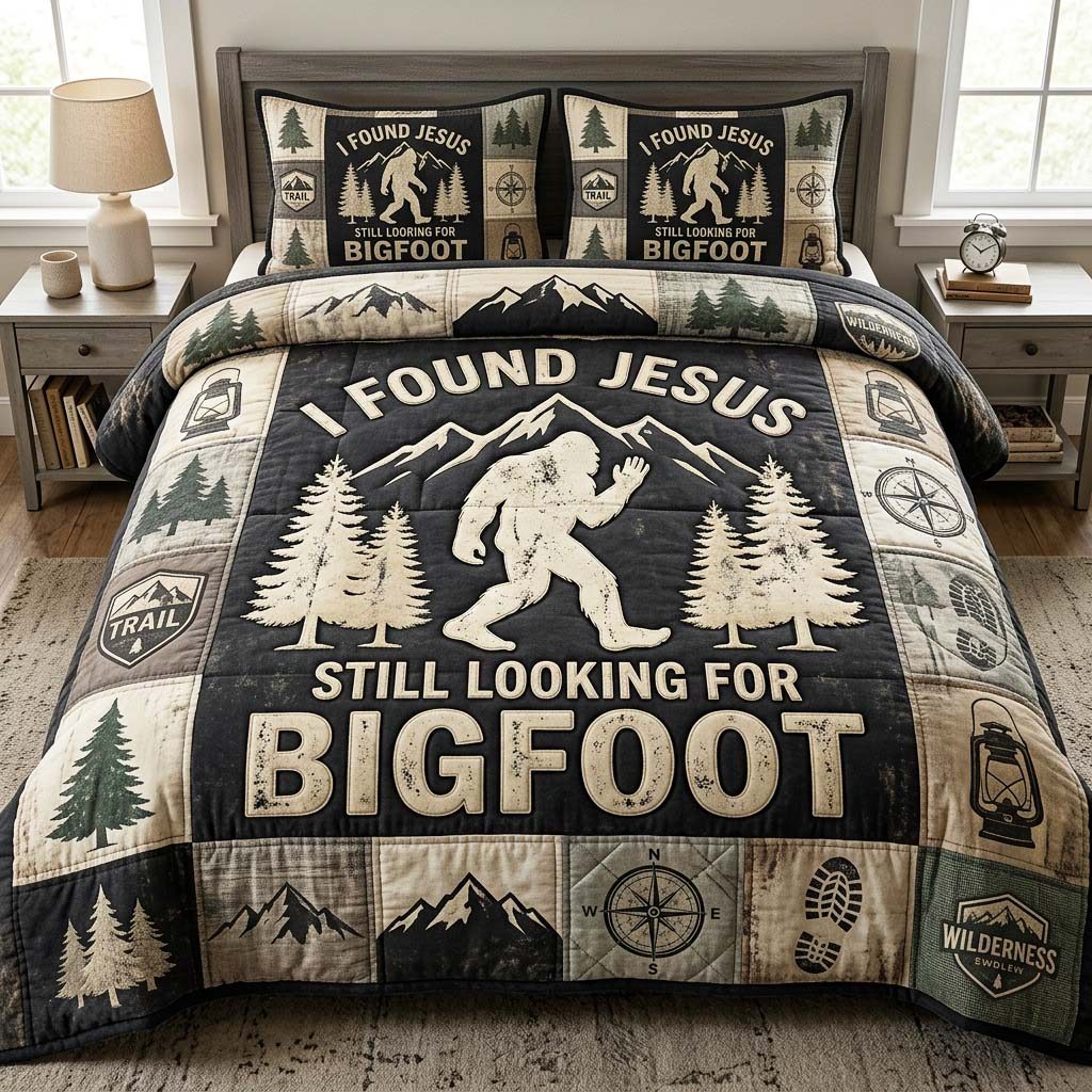 Faith Hunt quilted 3-piece bedding set on a made bed in a softly lit bedroom