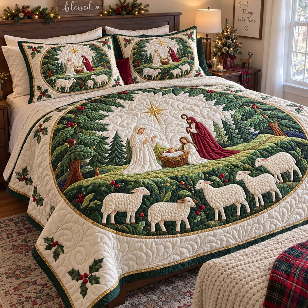 Faith in the Manger quilted 3-piece bedding set on a made bed in a softly lit bedroom
