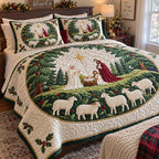 Faith in the Manger quilted 3-piece bedding set on a made bed in a softly lit bedroom