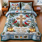 Faith Lights quilted 3-piece bedding set on a made bed in a softly lit bedroom