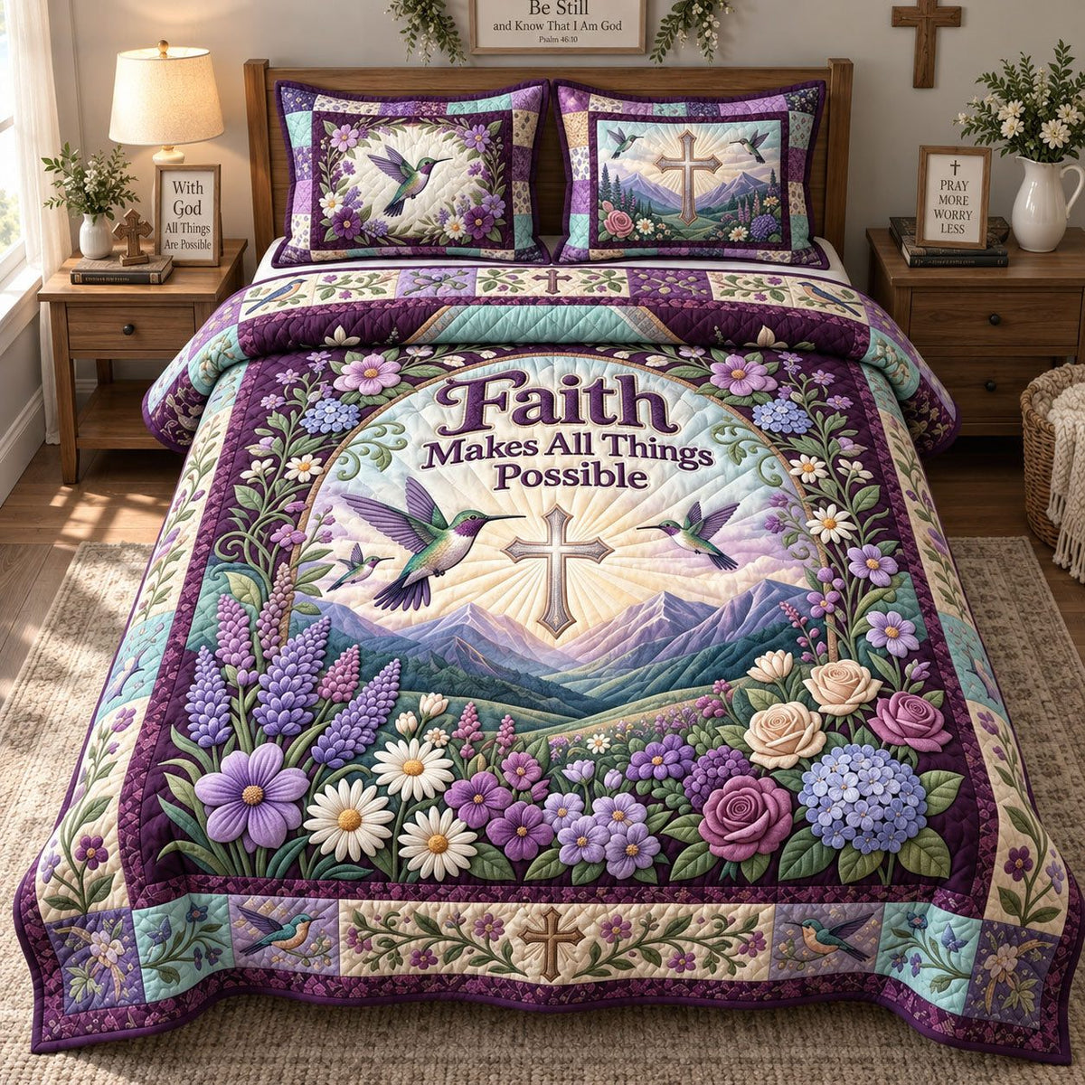 Faith Makes All Things Possible quilted 3-piece bedding set on a made bed in a softly lit bedroom