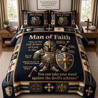 Faith Medal Guard quilted 3-piece bedding set on a made bed in a softly lit bedroom