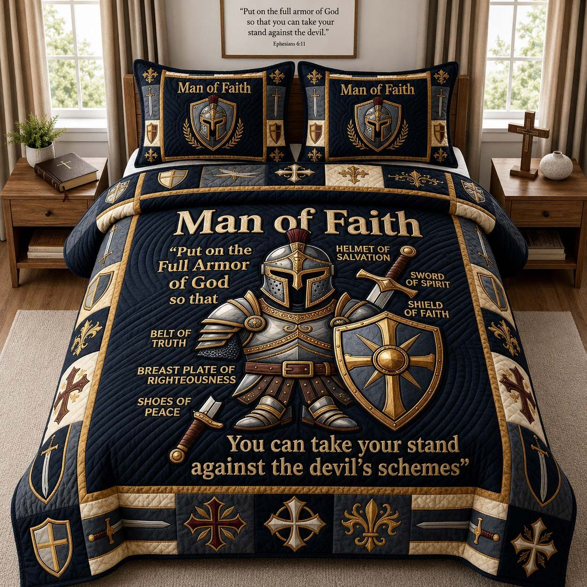 Faith Medal Guard quilted 3-piece bedding set on a made bed in a softly lit bedroom
