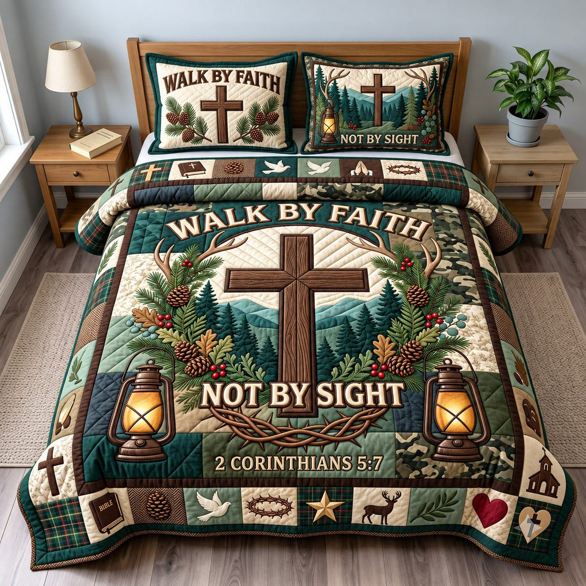 Faith Not Sight quilted 3-piece bedding set on a made bed in a softly lit bedroom