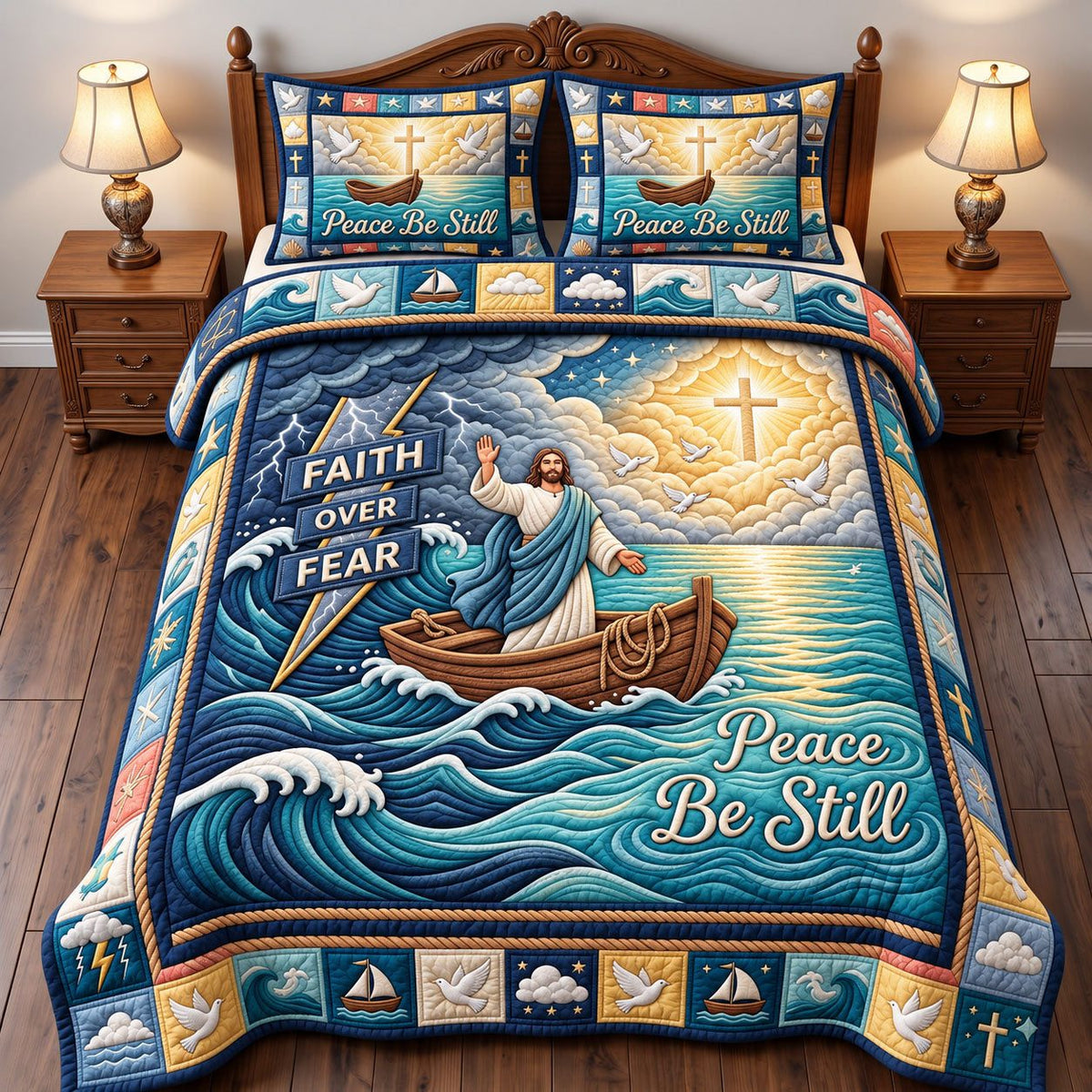 Faith Over Fear Peace Be Still quilted 3-piece bedding set on a made bed in a softly lit bedroom